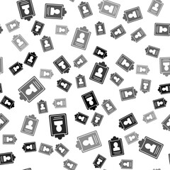 Black Clipboard with resume icon isolated seamless pattern on white background. CV application. Curriculum vitae, job application form with profile photo. Vector.