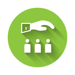 White Boss with employee icon isolated with long shadow. Green circle button. Vector.
