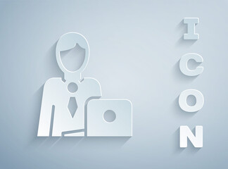 Paper cut Businessman icon isolated on grey background. Business avatar symbol user profile icon. Male user sign. Paper art style. Vector.