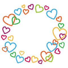 ハート01_08（手描きのカラフルなハートがいっぱいのフレーム））
