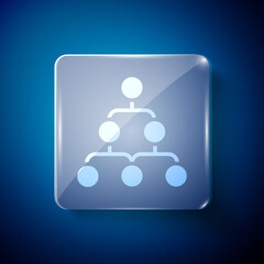 White Business hierarchy organogram chart infographics icon isolated on blue background. Corporate organizational structure graphic elements. Square glass panels. Vector.