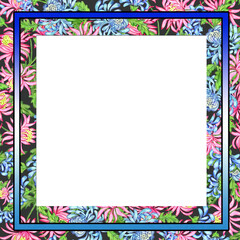 Creative composition with a close-up image of a decorative frame. The frame consists of flowers, bouquets, petals, and geometric shapes. Abstraction. Illustration for printing on paper and fabric.
