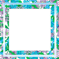 Creative composition with a close-up image of a decorative frame. The frame consists of flowers, bouquets, petals, and geometric shapes. Abstraction. Illustration for printing on paper and fabric.