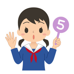 数字の5の札を持った女子学生　イラスト