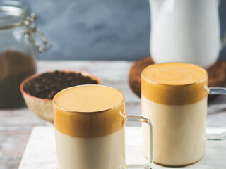 Whipped dalgona coffee drink in glass mug