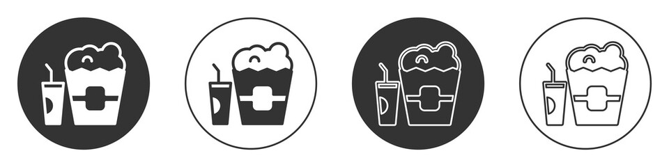 Black Popcorn in cardboard box and paper glass with drinking straw and water icon isolated on white background. Soda drink glass. Circle button. Vector.