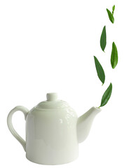 Teapot and green tea leaves on a white background