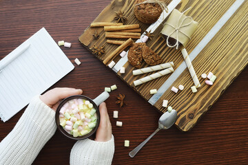 Winter breakfast. A cup of hot chocolate with marshmallows and freshly baked cookies. Gingerbread cookie and coffee.