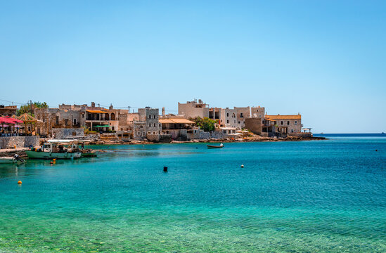 View of Gerolimenas, a picturesque small coastal village and a community in the municipal unit of Oitylo, at the southern end of the Mani Peninsula, in Laconia, Peloponnese, Greece.