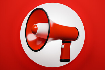 Red and white cartoon loudspeaker on a red monochrome background. 3d illustration of a megaphone. Advertising symbol, promotion concept.