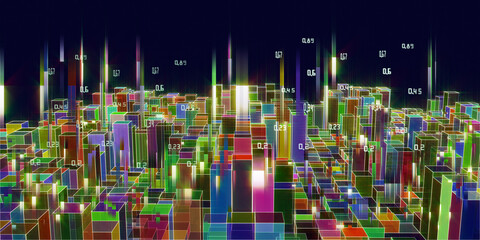 Abstract  infographicswith colorful parallelepipeds and data with bllured lines on blue.  Data chart. 3d grid data chart concept.  Big data.