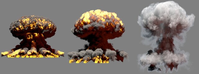 3D illustration of explosion - 3 big different phases fire mushroom cloud explosion of fusion bomb with smoke and flame isolated on grey background