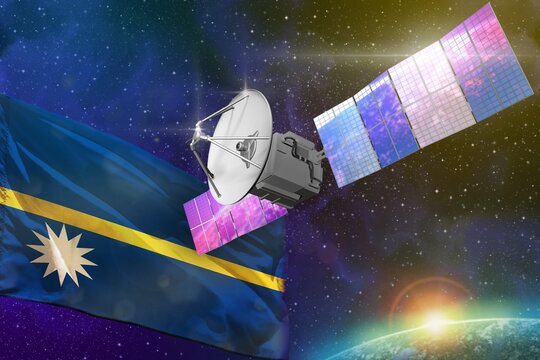 Space Communications Technology Concept - Satellite With Nauru Flag, 3D Illustration