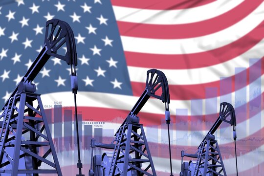 industrial illustration of oil wells - USA oil industry concept on flag background. 3D Illustration