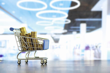 Background shopping trolley. Concept of shopping for groceries and things. Weekend shop.
