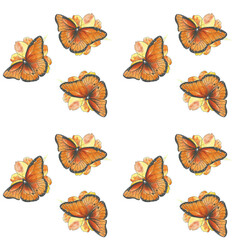 Pattern orange butterflies on flowers. Made with watercolors and liner.