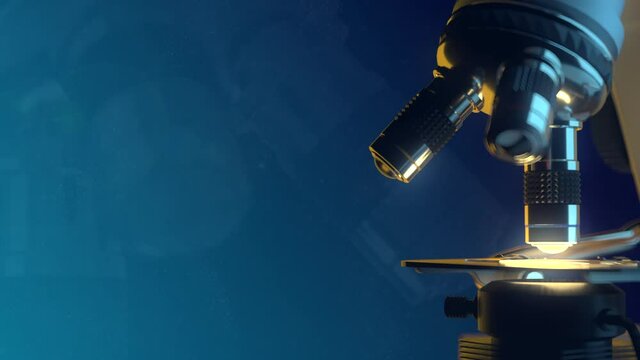 4K 60fps science laboratory concept - scientific pharmaceutical electronic microscope at work automatically on light blue background with overlays, UHD 3D animation