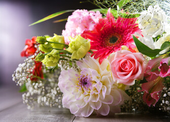 Composition with bouquet of freshly cut flowers