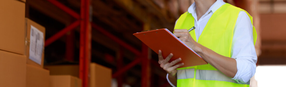 Work Man Checking Inventory In Stock Room On Clip Board Chart, Quality Controller, Panorama Banner Size, Warehouse Factory Concept.