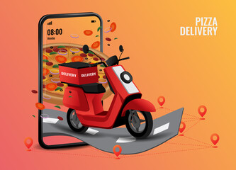 Vector illustration of pizza mobile online delivery service