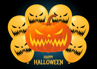 Big carved pumpkin and yellow ghost balloons
