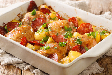 Traditional spanish food chicken with new potatoes and chorizo sausage close-up in a baking dish on the table. horizontal