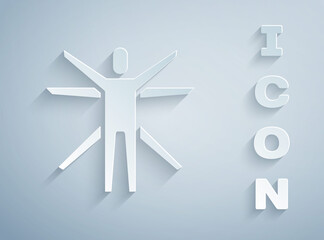 Paper cut Vitruvian Man by Leonardo Da Vinci icon isolated on grey background. Human anatomy. Paper art style. Vector.