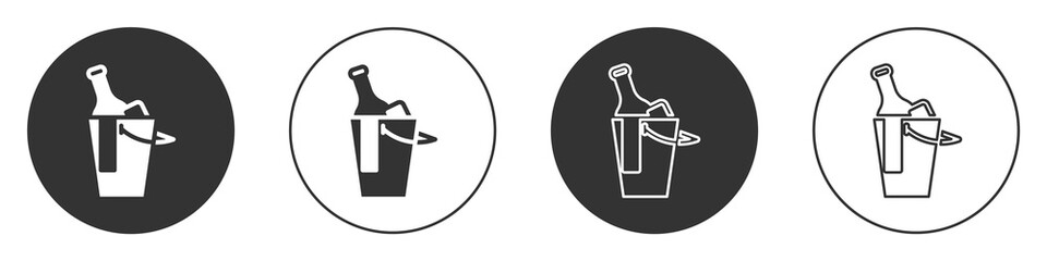 Black Bottle of wine in an ice bucket icon isolated on white background. Circle button. Vector.