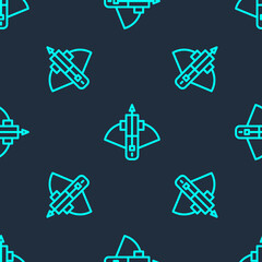 Green line Battle crossbow with arrow icon isolated seamless pattern on blue background. Vector.