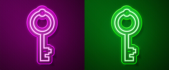 Glowing neon line Old key icon isolated on purple and green background. Vector.