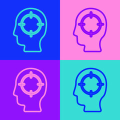 Pop art line Head hunting icon isolated on color background. Business target or Employment sign. Human resource and recruitment for business. Vector.