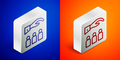 Isometric line Boss with employee icon isolated on blue and orange background. Silver square button. Vector.