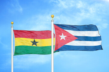 Ghana and Cuba two flags on flagpoles and blue sky