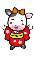年賀状用着物姿の牛の少女