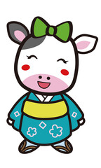 年賀状用着物姿の牛の少女