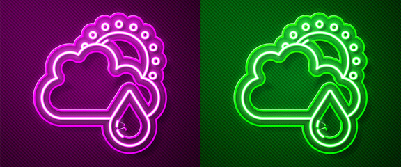 Glowing neon line Cloud with rain and sun icon isolated on purple and green background. Rain cloud precipitation with rain drops. Vector.