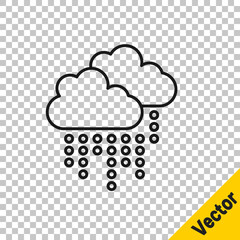 Black line Cloud with rain icon isolated on transparent background. Rain cloud precipitation with rain drops. Vector.