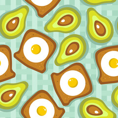 Colorful seamless pattern with fried eggs, bread, avocado. Vector backdrop with food. Decorative wallpaper, good for printing. Hand drawn overlapping background