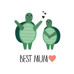 Decorative cute illustration with turtles and english text, poster design. Colorful background vector. Best mum. Cartoon wallpaper. Hand drawn backdrop. Mothers Day
