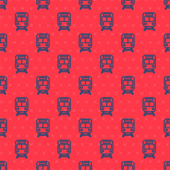 Obraz premium Blue line Train and railway icon isolated seamless pattern on red background. Public transportation symbol. Subway train transport. Metro underground. Vector.
