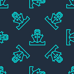 Green line Cargo ship icon isolated seamless pattern on blue background. Vector.