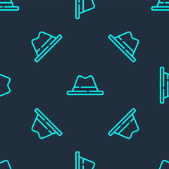 Green line Man hat with ribbon icon isolated seamless pattern on blue background. Vector.