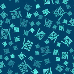 Green line Musical instrument drum and drum sticks icon isolated seamless pattern on blue background. Vector.