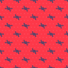 Blue line Barbed wire icon isolated seamless pattern on red background. Vector.