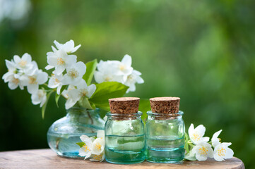 Essential Jasmine oil. Bioproduct, organic cosmetics. Perfumery, cosmetology, aromatherapy