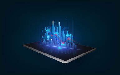 Business growth, progress or success concept. showing a growing virtual hologram stock on tablet background.