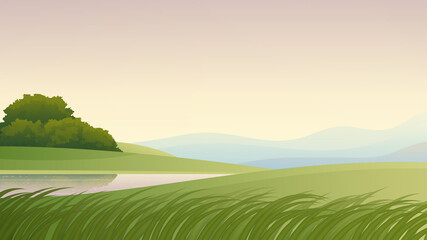 Vector illustration of summer landscape with lake, forest, green fields and mountains. 