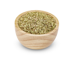 Oregano in wooden bowl isolated on white background