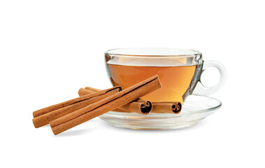 Transparent cup of tea with cinnamon sticks isolated on white background ,include clipping path