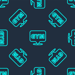 Green line Location gym icon isolated seamless pattern on blue background. Vector.